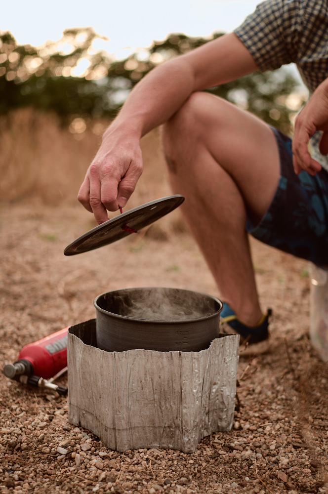 Trekking stove water is ready for the spaghetti